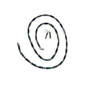 AZURITE MALACHITE RECTANGLE BEAD GOLD-FILLED Necklace 36” W/Jade Earrings Set